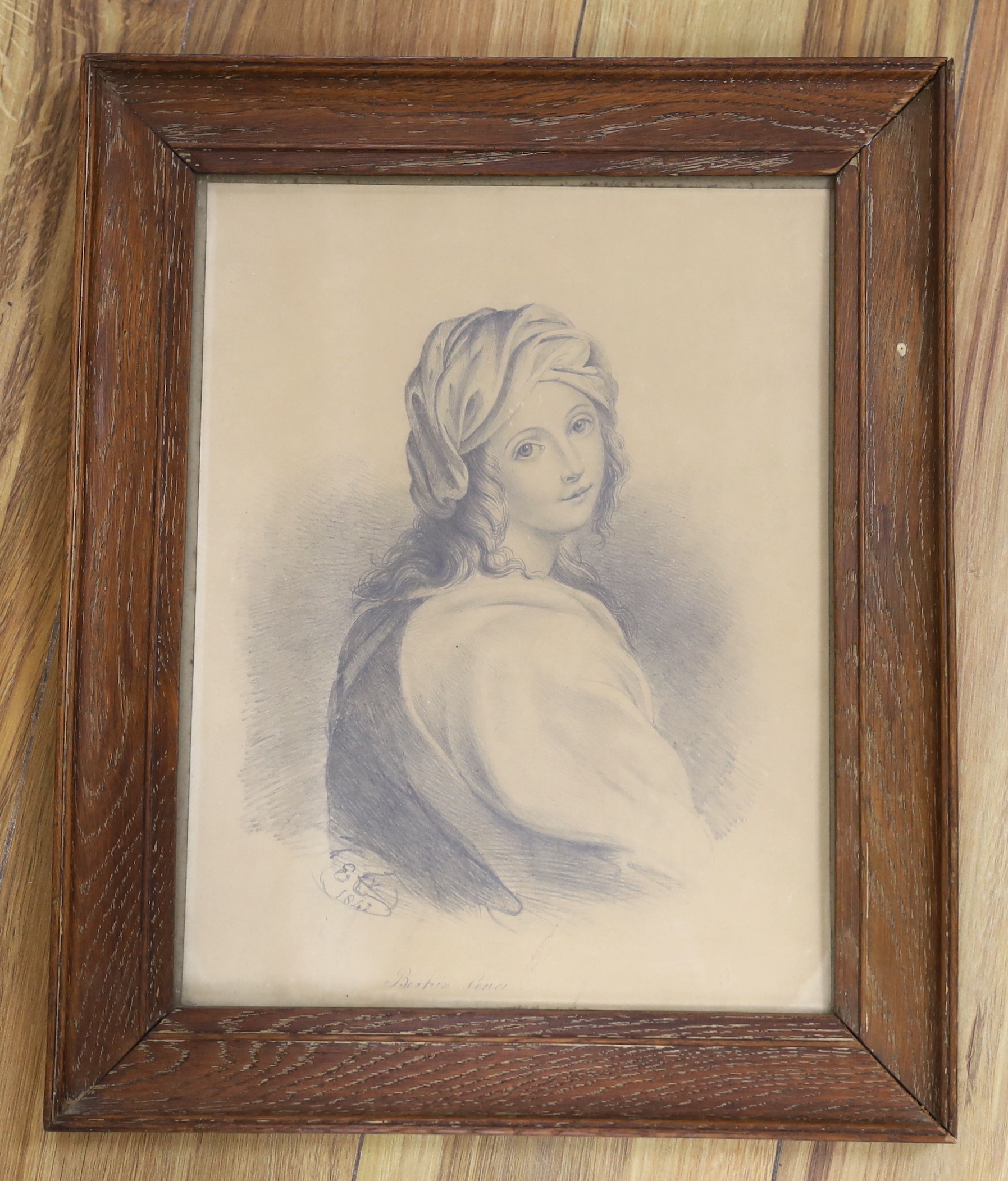 19th century School, pencil sketch, 'Beatrice Cenci', initialled E C and dated 1841, 33 x 25cm